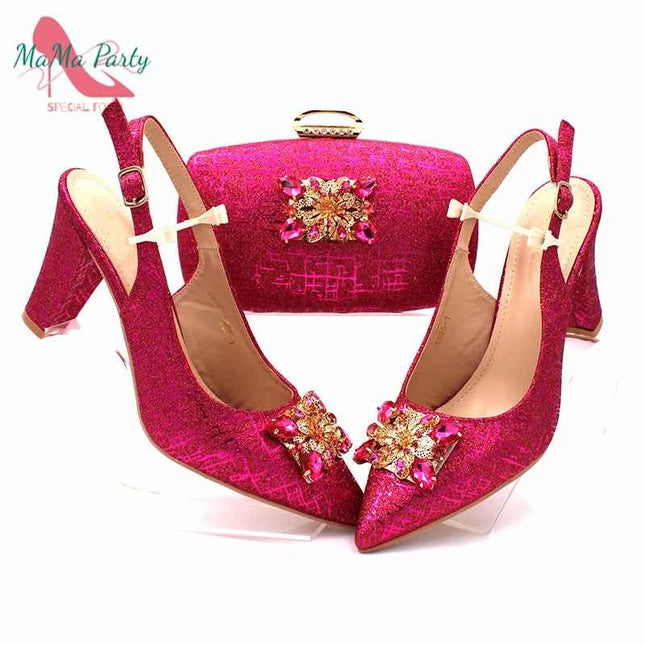 Set di Scarpe e Borsa per Donna Africana in Colore Fucsia, Design Classico Italiano di Alta Qualità con Cristalli Brillanti per Matrimoni e Feste