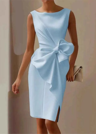 Elegante abito con fiocco solido per le donne Moda senza maniche O collo Pacchetto sottile Abiti alla moda Lady Serata formale Abbigliamento da donna