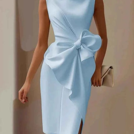 Elegante abito con fiocco solido per le donne Moda senza maniche O collo Pacchetto sottile Abiti alla moda Lady Serata formale Abbigliamento da donna