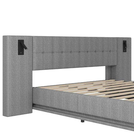 KOMHTOM Padding bed 180x200cm Linen with LED strip headboard spot and USB port-Without mattress