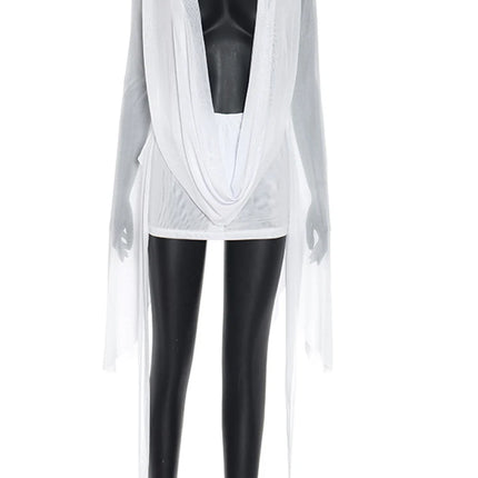 Beyprern Elegante manica svasata con scollo a V increspato Abito corto in rete trasparente Abiti da vacanza rosa Abito copricostume da spiaggia Abiti da notte
