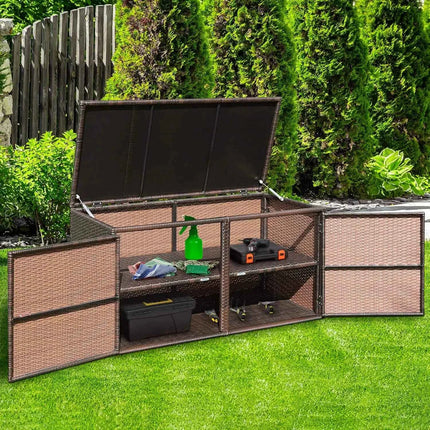 335L Patio Rattan Storage Box, Outdoor All-weather Wicker Pool Storage Container with Lid & 2 Shelves, Garden Storage Bin