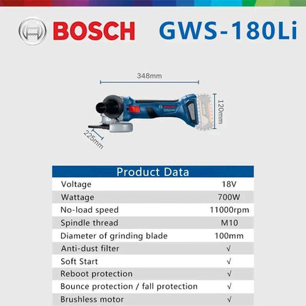 BOSCH GWS 180Li 18V Cordless Angle Grinder Electric Brushless Steel Metal Grinding and Cutting Machine Professional Tools