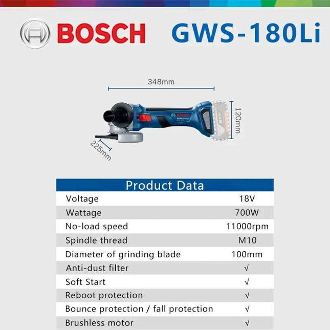 BOSCH GWS 180Li 18V Cordless Angle Grinder Electric Brushless Steel Metal Grinding and Cutting Machine Professional Tools