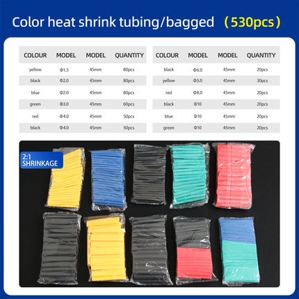 Kit tubi termorestringenti in sacchetto 127/164/328/530 pezzi 2:1 Filo termoretraibile Tubo termoretraibile Collegare la copertura Guaine di protezione del filo