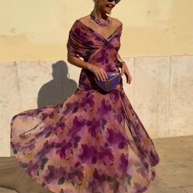 Abbigliamento donna elegante Abito plissettato a vita alta con stampa floreale Boho Nuovo abito a trapezio da cocktail con maniche a pipistrello a petto basso