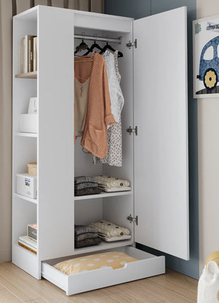 Armadio 70*40*170cm, design a porta singola, con ripiani e cassetti, bianco puro/naturale