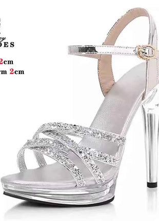 Sandali con plateau con tacco alto con glitter di cristallo da 12 cm per donna Scarpe da sposa trasparenti antiscivolo Calzature da prestazione modello femminile