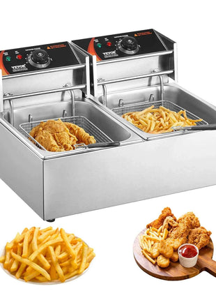 SucceBuy 12L Commercial Electric Deep Fryer w/Dual Tanks 3000W  Stainless Steel Countertop Fryer for Fried Chicken French Fries