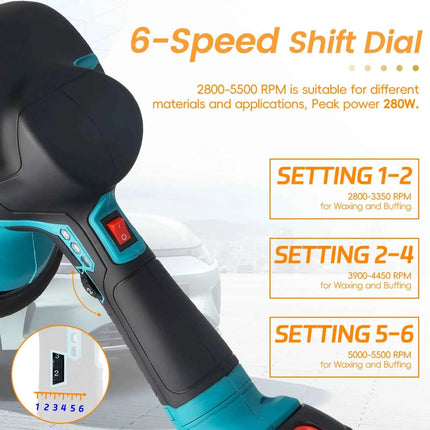 Podofo 5500RPM 6 Speed Cordless Car Polisher Electric Polishing Wax Tool Auto Waxing Machine Compatible With Makita Battery