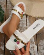 New Fashion Women's Shoes, Cherry Buckle Slippers, Versatile Solid Color Metallic Decoration, Flat Round Toe Sandals