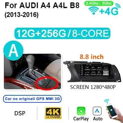 8GB 256GB Carplay 8.8'' Android 14 Auto Car Radio Multimedia player For Audi A4 B8 2009-2016 2 din autoradio Stereo 4G LTE