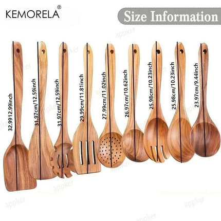 Set 9 Utensili da Cucina in Legno di Acacia Naturale - Spatole e Cucchiai per Pentole Antiaderenti