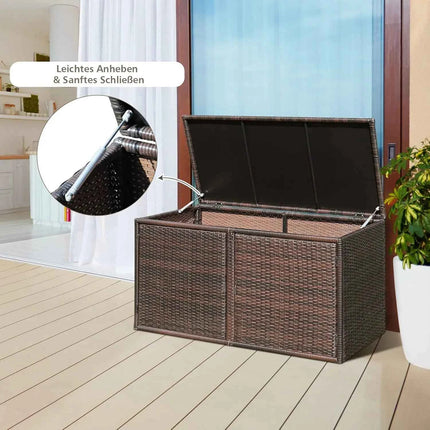 335L Patio Rattan Storage Box, Outdoor All-weather Wicker Pool Storage Container with Lid & 2 Shelves, Garden Storage Bin