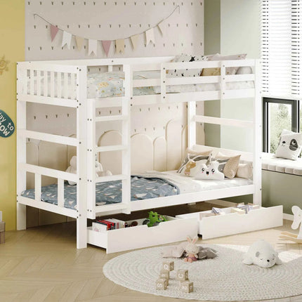 Rosahqnda children's bunk bed 90x200cm with 2 drawers multi-function bed single/double bed,Wooden bed with slatted frame,White