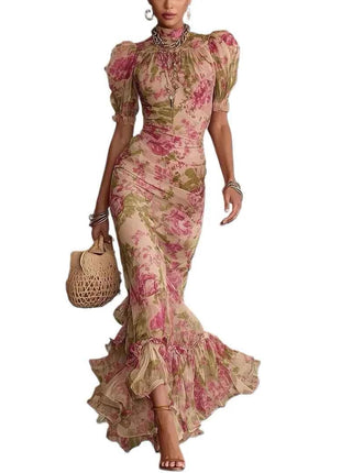 Abito da Sera Lungo Elegante con Stampa Floreale, Maniche Corte in Rete, Versatile, Stile Sirena, Aderente, Sexy con Inserti in Pizzo