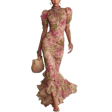 Abito da Sera Lungo Elegante con Stampa Floreale, Maniche Corte in Rete, Versatile, Stile Sirena, Aderente, Sexy con Inserti in Pizzo