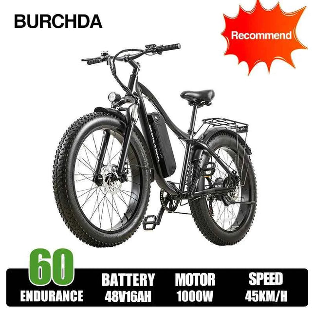 BURCHDA RX02 1000W 45KM/H 26 Inch Mountain Electric Bicycle 48V15AH Lithium Battery Fatbike Electric Bike For Adults Motorcycle