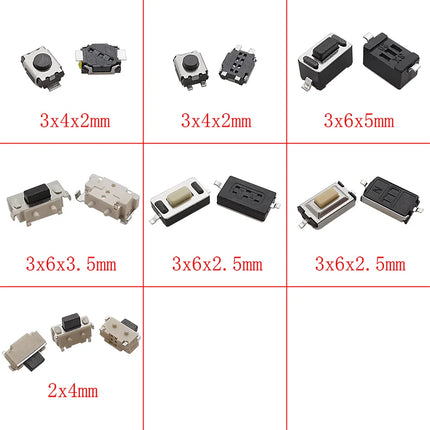 125 Pz/lotto 25 Tipi Touch Switch Micro Pulsante Kit Assortito 2*4 3*6 4*4 6*6 12*12mm per TV Giocattoli Casa Usee Uso FAI DA TE