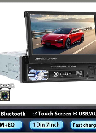Hikity Car Radio 1DIN 7 inch HD Retractable Touch Screen MP5 Multimedia Player BT FM SD EQ USB AUX Stereo Audio Remote Control