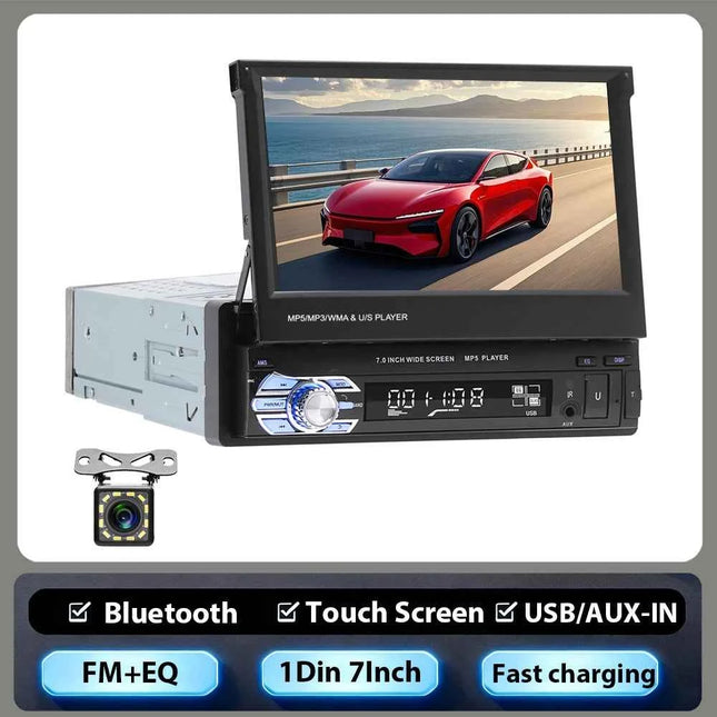 Hikity Car Radio 1DIN 7 inch HD Retractable Touch Screen MP5 Multimedia Player BT FM SD EQ USB AUX Stereo Audio Remote Control