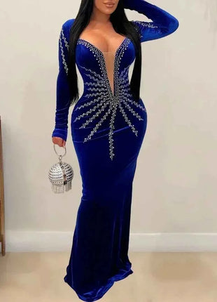 2025 Elegante abito da festa lungo in velluto con diamanti per donna Abito da sera sexy con scollo a V profondo Abito formale nero sottile