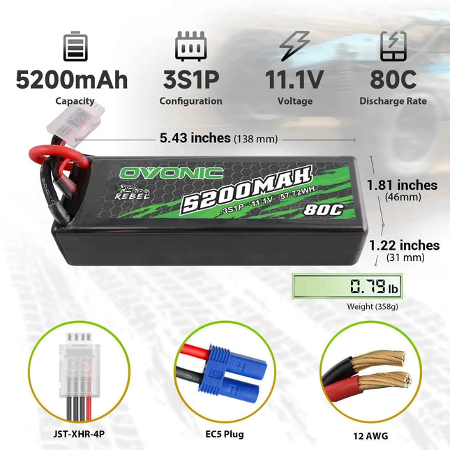 3S Lipo RC Battery 80C 5200 mAh 11.1 V  with EC5 Plug Hard Case for RC Car Monster Truck RC Truggy Buggy RC Truck Hobby (2 P