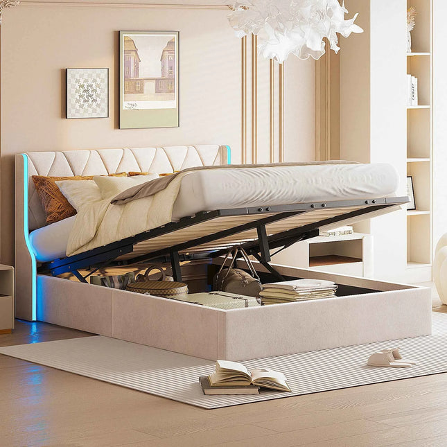 Comanlai 160×200cm Youth Bed, Adult Bed, Upholstered Double Bed, with LED and USB 4 Drawers, Headboard with Storage Space Linen