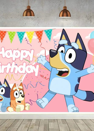 Decorazioni per feste di compleanno a tema Bluey/Bingo, set di piatti di carta usa e getta, striscione, bandierine per torta, palloncini a forma di cane.