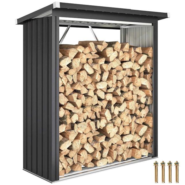 Outsunny Outdoor Log, Outdoor Woodshed in Galvanized Steel, Wooden House Shed with Raised Base and Tilted Roof, Fast Mounted, 0.77m ², 150x66.5x150 cm, Dark Grey