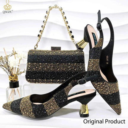 QSGFC Scarpe con tacco alto da donna di alta qualità, set di scarpe e borsa nere e oro, suola resistente, design italiano alla moda per matrimoni in Nigeria