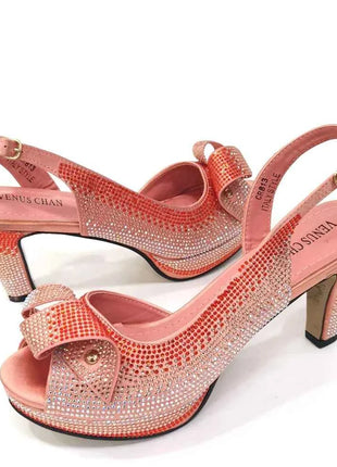 Venus Chan Il più nuovo stile INS color pesca strass eleganti tacchi alti Nigeria design popolare set di scarpe e borse da donna africane