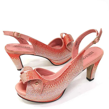 Venus Chan Il più nuovo stile INS color pesca strass eleganti tacchi alti Nigeria design popolare set di scarpe e borse da donna africane