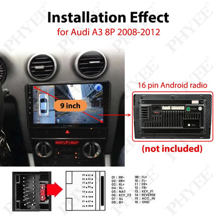 Telaio pannello cruscotto per Audi A3 8P 2008 a 2012, adattatore cablaggio radio, decodificatore CAN Bus, per multimediale Android 2DIN 9"