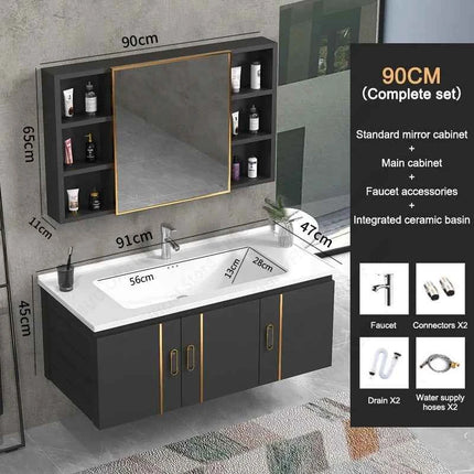 Bathroom Vanity Cabinet Set with Integrated Ceramic Sink Drain Accessories Wall Mounted Aluminum Storage Cabinet Mirror Combo