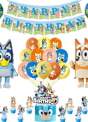 Palloncini Bluey Bingo Party Buon compleanno Banner Cane blu Palloncini Sfondo Adesivi Decorazione Cake Topper Stoviglie usa e getta