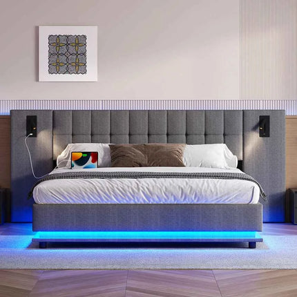 KOMHTOM Padding bed 180x200cm Linen with LED strip headboard spot and USB port-Without mattress