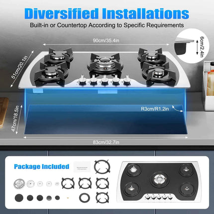 Al-alloy Gas Cooktop with 5 Burners with Tempered Glass Built-in Installation for Domestic or Commercial Cooking