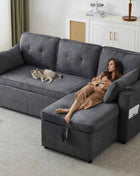 L-shaped Upholstered Sofa Bed with Sleeping Function, with Storage Space and Beverage Holder, Left and Right Interchangeable
