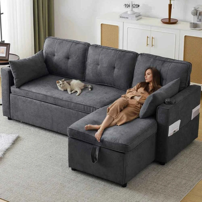L-shaped Upholstered Sofa Bed with Sleeping Function, with Storage Space and Beverage Holder, Left and Right Interchangeable