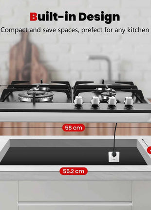 Piano Cottura a Gas 4 Fuochi 58cm - Protezione Fiamma Automatica, Gas Naturale e GPL