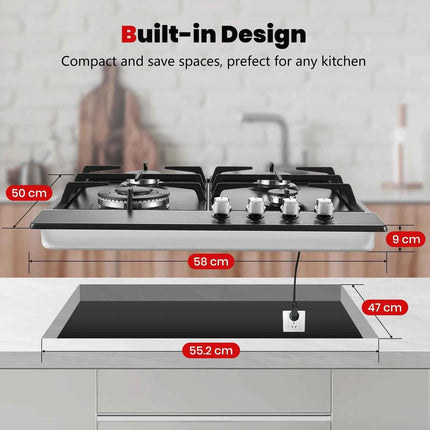 Piano Cottura a Gas 4 Fuochi 58cm - Protezione Fiamma Automatica, Gas Naturale e GPL