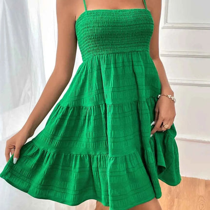 Abito Mini Estivo da Donna con Spalline Sottili, Bustier Arricciato, Blu con Balze a Strati, Casual per Vacanze e Spiaggia