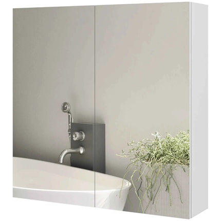 Kleankin Bathroom Mirror Bathroom Container with 2 Ante Soft Close, 60x15x60 cm Bathroom Cabinet with Mirror, Adjustable Shelves, Furniture Bathroom Floor-saving Glass Wall, Polished White