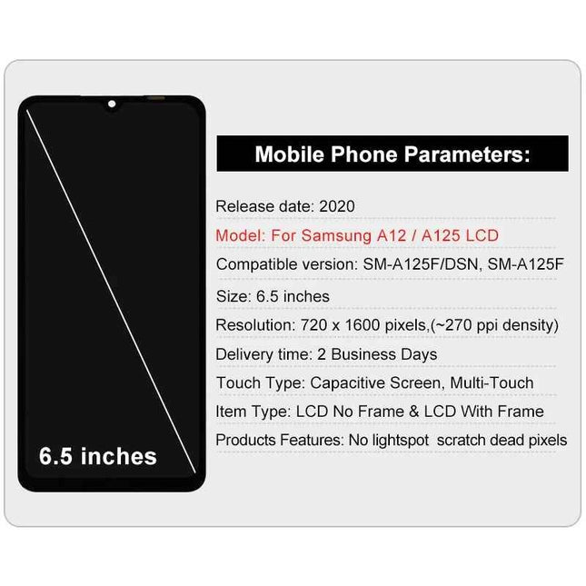 6.5 "IPS Per Samsung Galaxy A12 LCD SM-A125F SM-A125M Display Touch Screen di Ricambio Per Samsung A125 Display SM-A125U