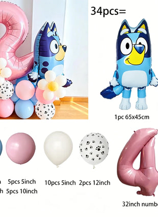 Set di Palloncini per il 2° Compleanno di Bluey, Palloncino in Foil Numero 2 Rosa, Decorazioni per Feste con Cane Blu, Fiori e Zampe, Kit per Sfondo Fotografico per Bambini