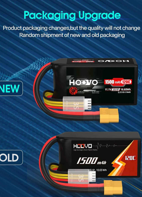 HOOVO 3S Lipo Battery 11.1V 120C 1500 mAh Graphene Battery with XT60 Plug for FPV Racing Drone Helicopter Airplane RC Boat Car