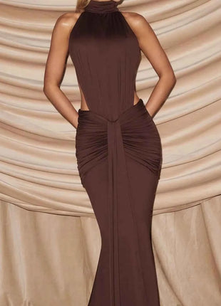 Abito lungo verde oliva con collo alto e scollo all'americana, elegante abito da sera formale con cut-out e schiena scoperta, abito da ballo