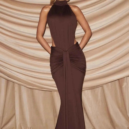 Abito lungo verde oliva con collo alto e scollo all'americana, elegante abito da sera formale con cut-out e schiena scoperta, abito da ballo