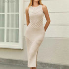 SINGREINY Hollow Out Beach Maxi Dress Summer Women Sleeveless Solid Knitted Stretchy Bohemian Striped Slit Bodycon Long Dress